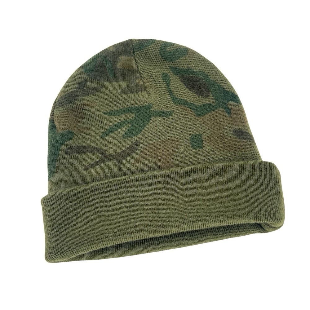 Green Camouflage Knit Beanie Hat Acrylic Stretch One Size Unisex Adults